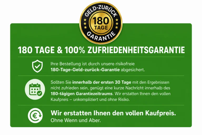 180 Tage und 100 % Zufriedenheitsgarantie. Ihre Bestellung ist durch
                unsere risikofreie 180-Tage-Geld-zurück-Garantie abgesichert. Sollten Sie
                innerhalb der ersten 30 Tage mit den Ergebnissen nicht zufrieden sein,
                genügt eine kurze Nachricht innerhalb des 180-tägigen Garantiezeitraums.
                Wir erstatten Ihnen den vollen Kaufpreis — ohne Wenn und Aber.